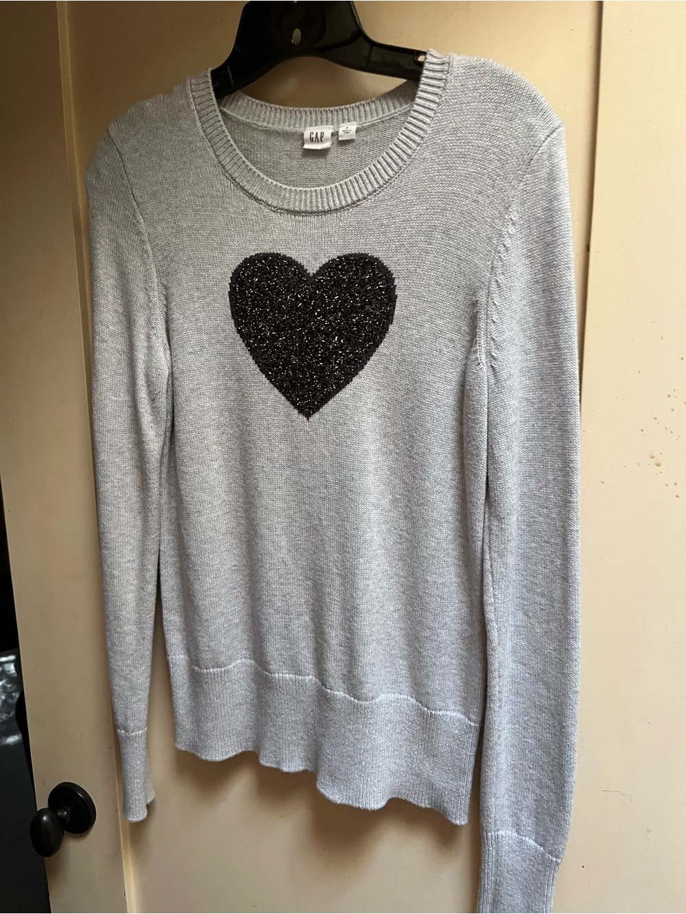 GAP Light Gray Crewneck Sweater with Black Glitter Heart